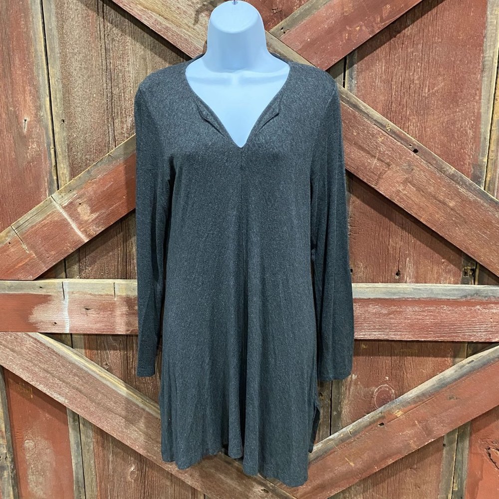Soft Surroundings Grey Tunic Dress Small V-Neck Long Sleeve Stretch Minimalist